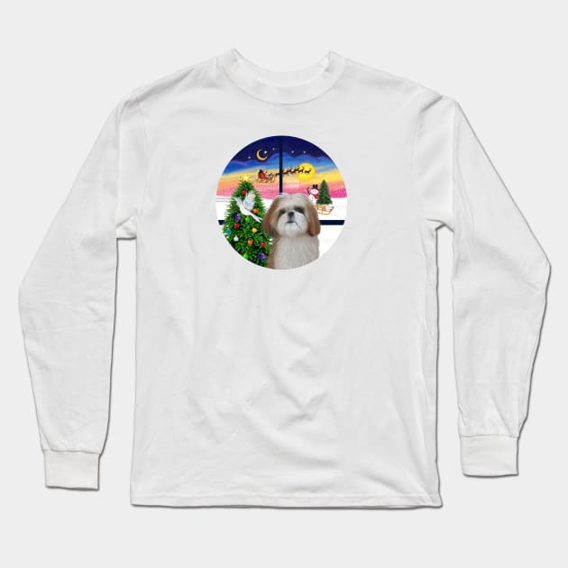 Christmas WIndow with a Red and White Shih Tzu Long Sleeve T-Shirt by Dogs Galore and More